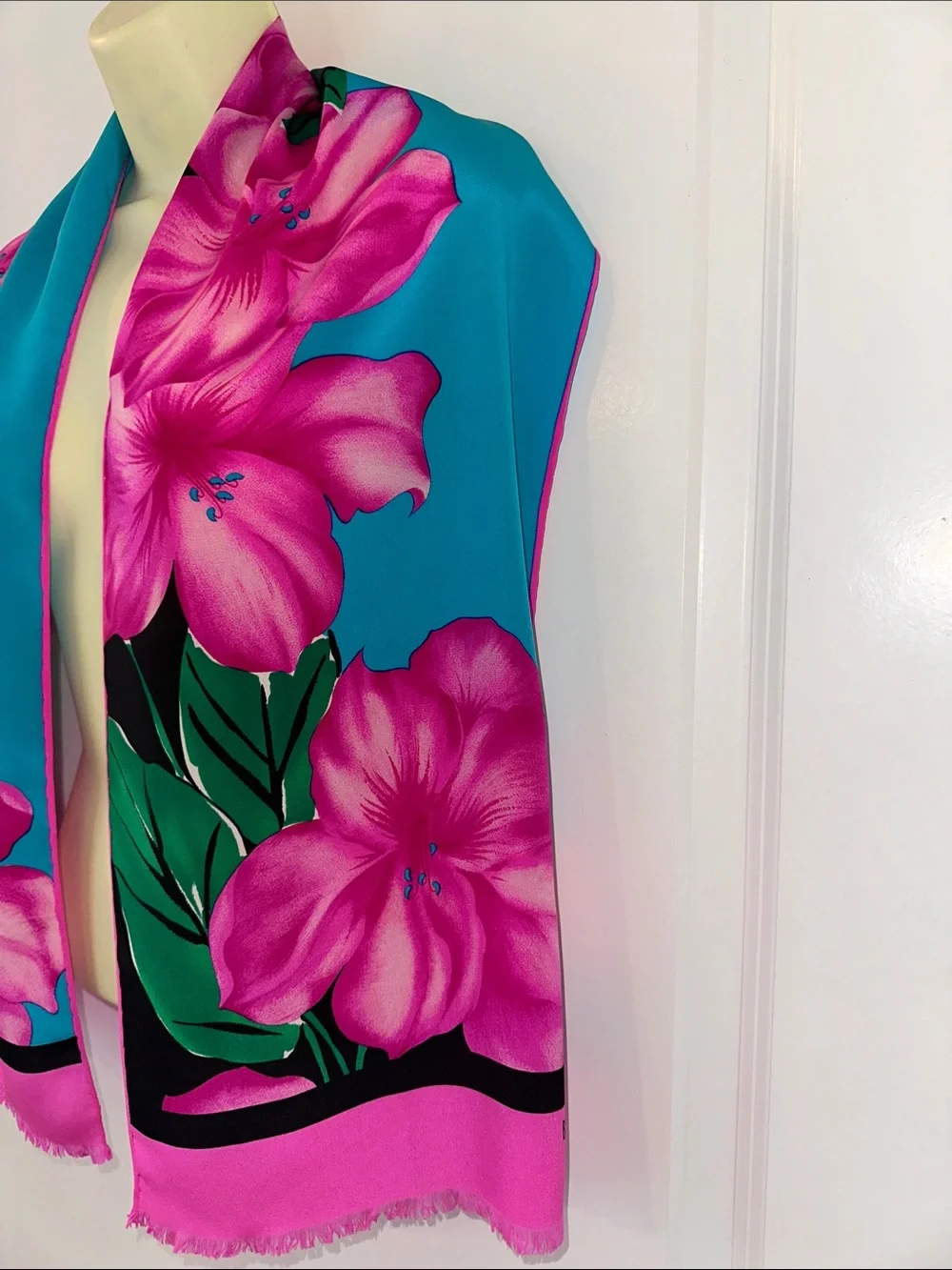 Vintage Bill Blass Hot Pink, Teal Green & Black Floral Long‎ Scarf